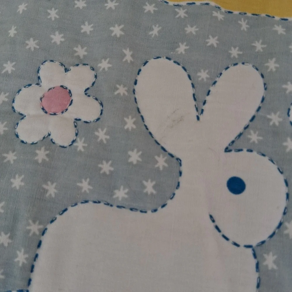 Vintage 90s Baby Quilt Blanket Pastel Hearts Bunnies Sheep Rocking Horse VGVC